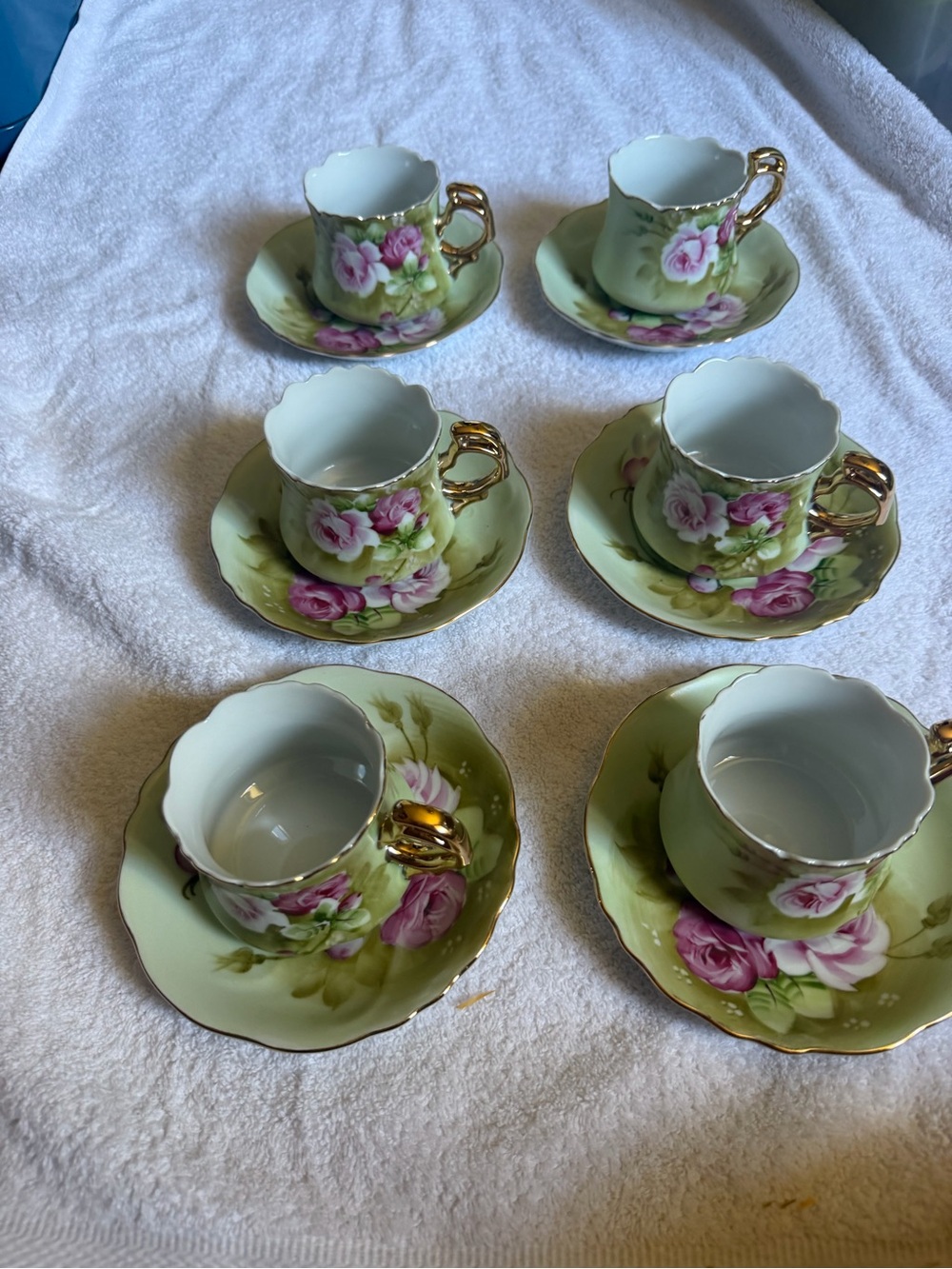 Vintage Floral Demitasse Cup & Saucer Set - Pink Roses on Green lefton